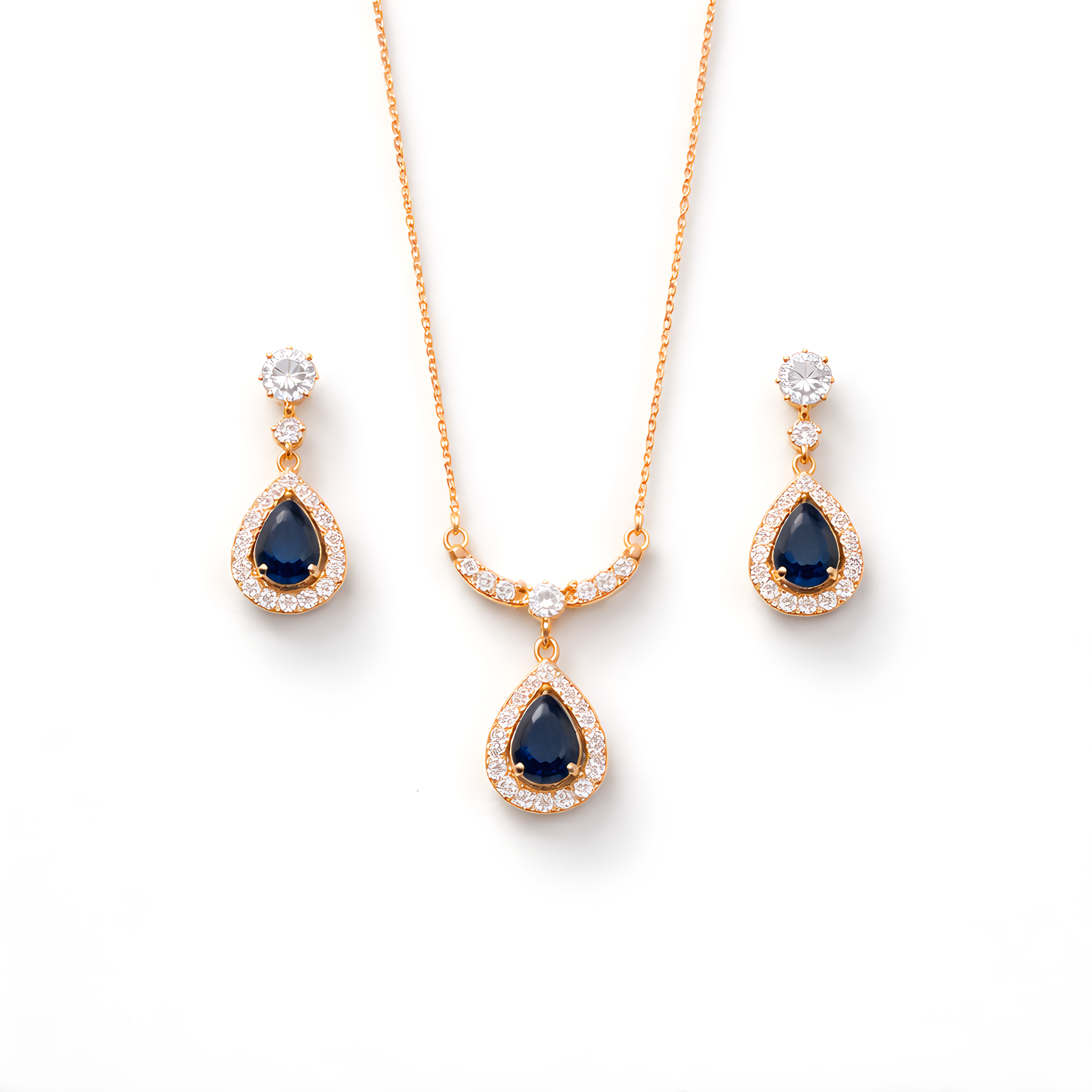 Sapphire Blue Teardrop Halo Jewelry Set – Necklace & Earrings | Gold Plated Stainless Steel