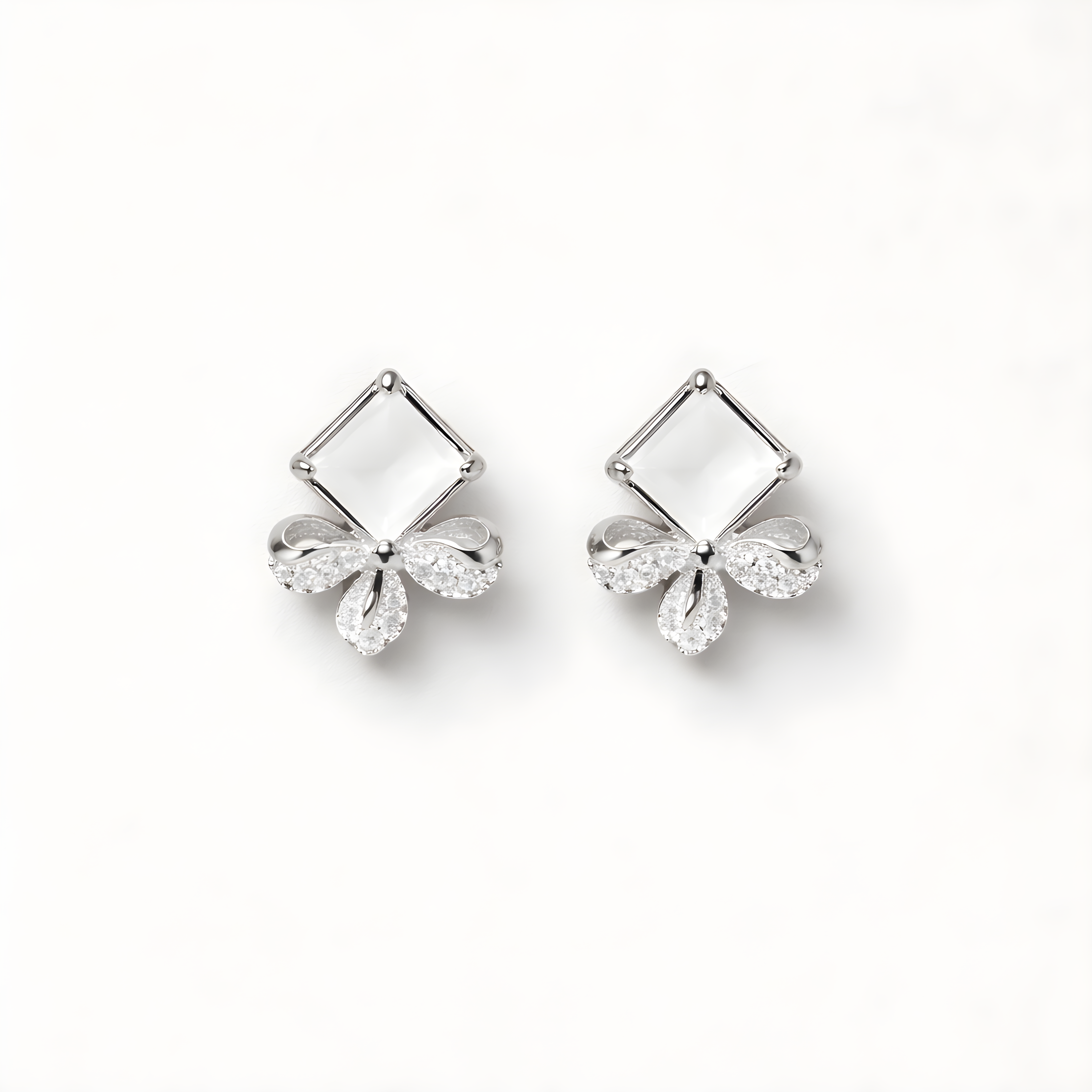 Crystal Flower & Geometric Square Stud Earrings – Silver Stainless Steel