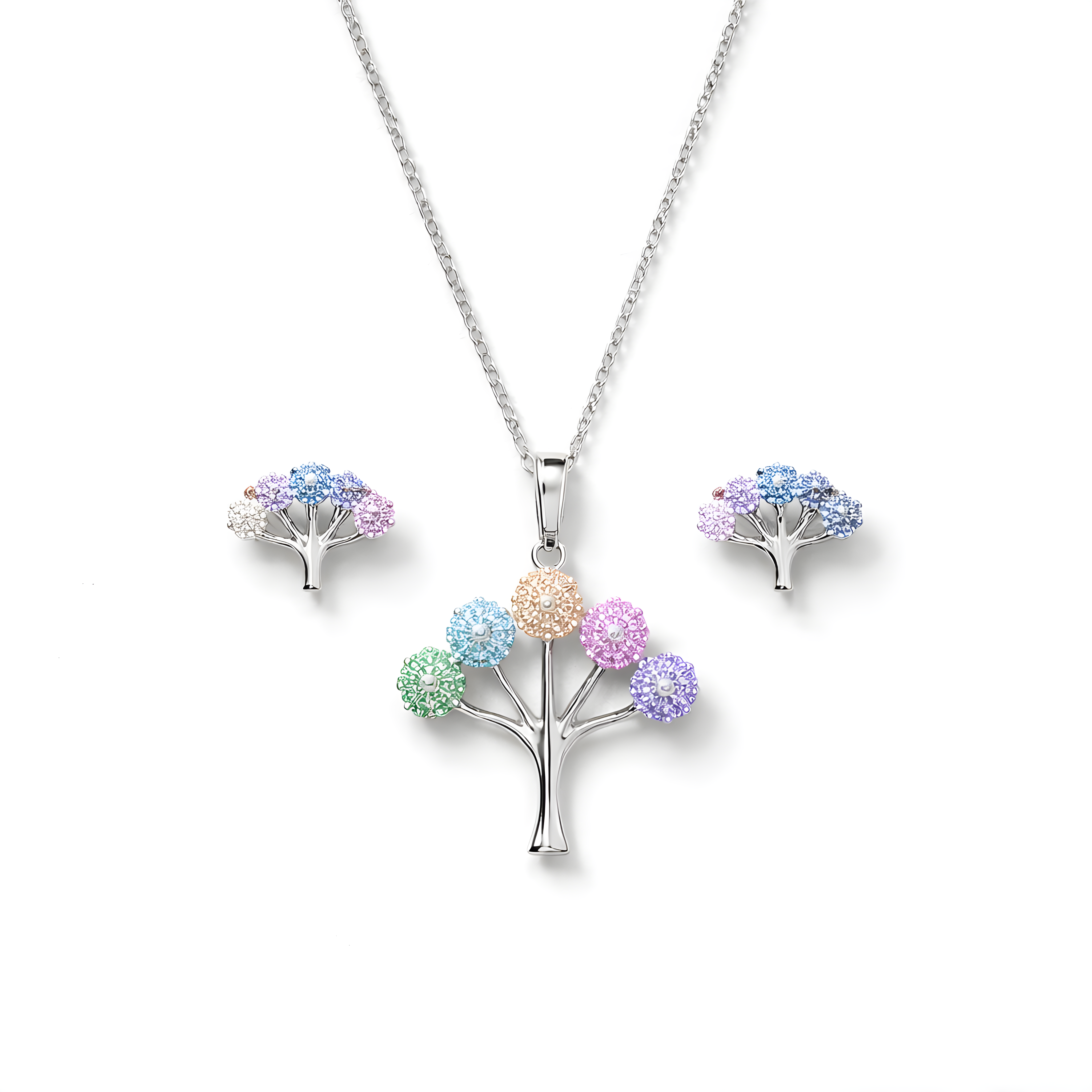 Rainbow Tree of Life Jewelry Set – Necklace & Earrings | Silver Stainless Steel