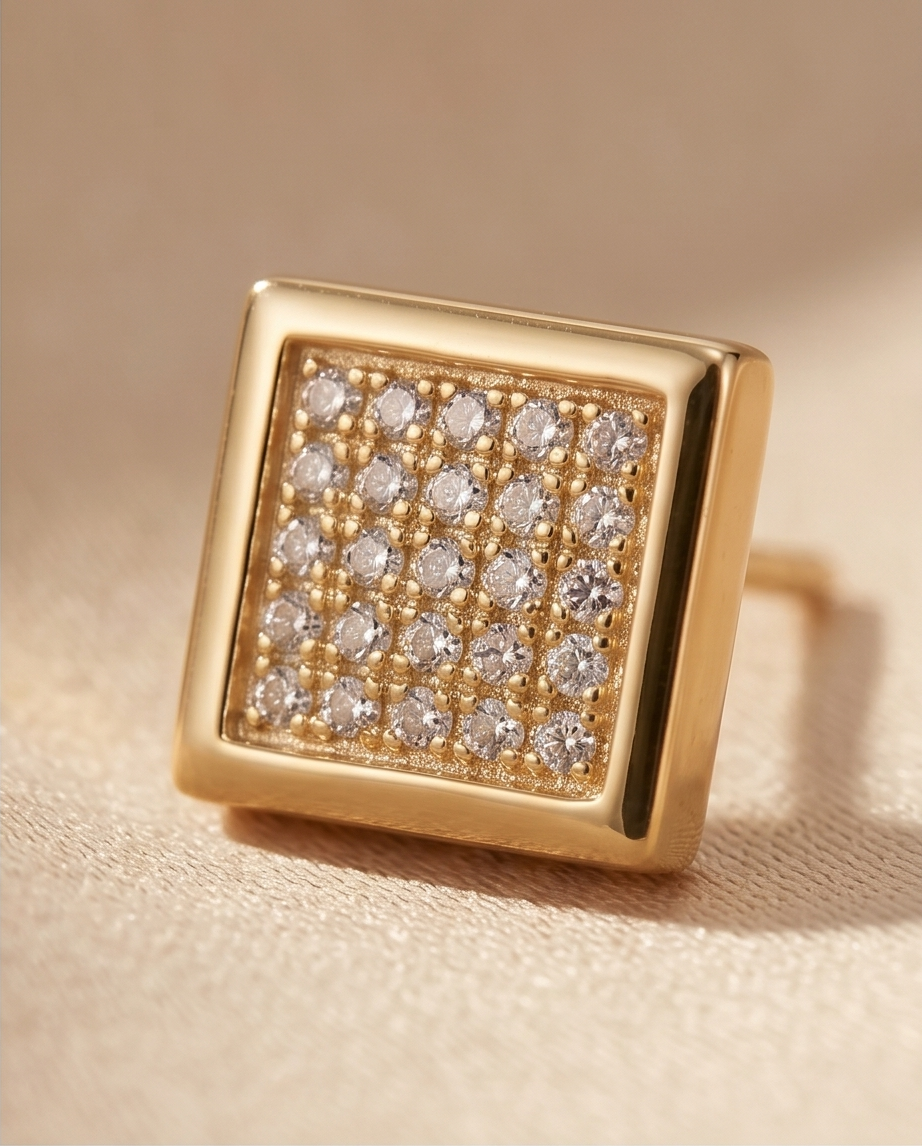 Iced Square Cushion Stud Earrings – Gold Plated Stainless Steel
