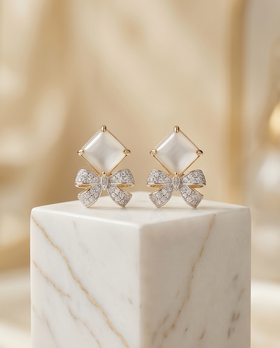 Crystal Flower & Geometric Square Stud Earrings – Silver Stainless Steel