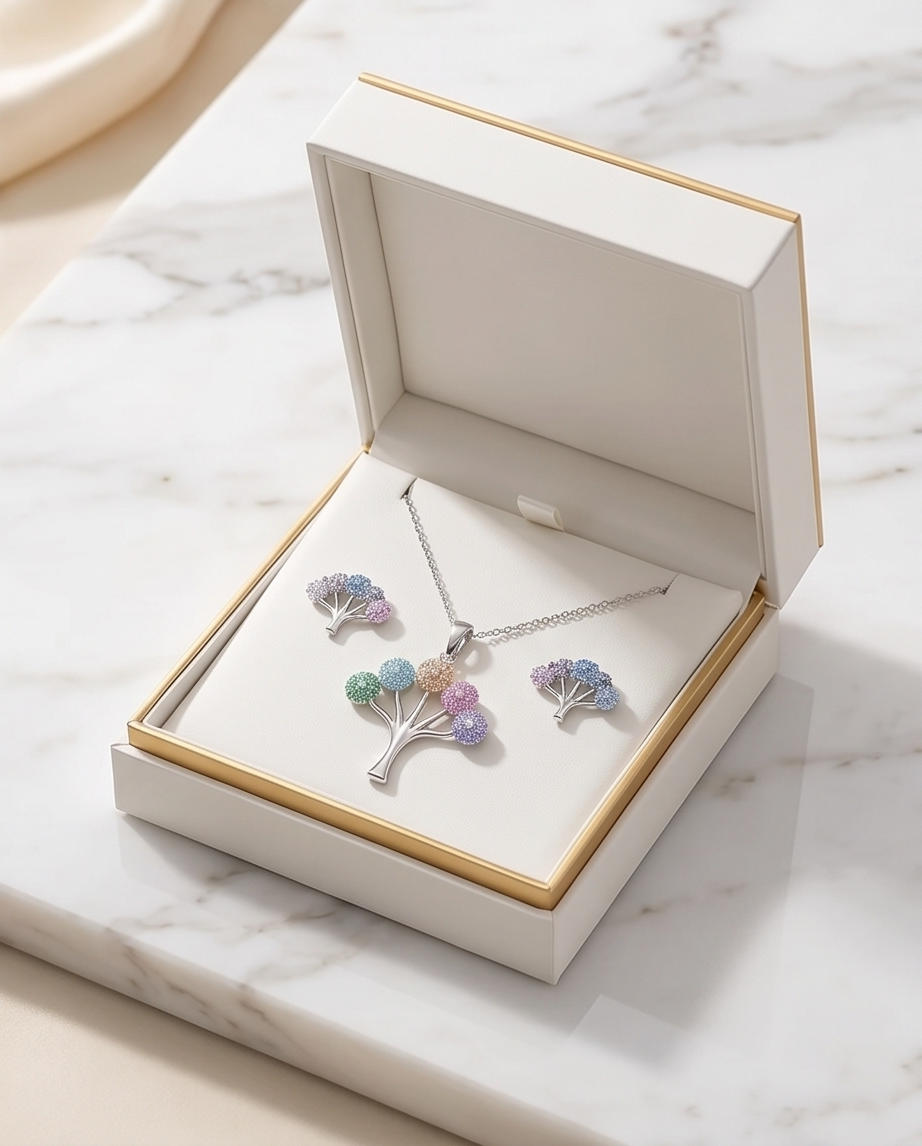 Rainbow Tree of Life Jewelry Set – Necklace & Earrings | Silver Stainless Steel