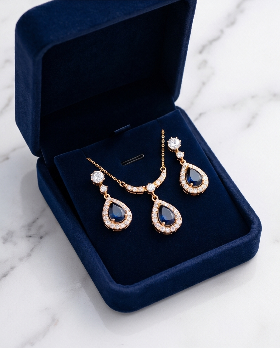 Sapphire Blue Teardrop Halo Jewelry Set – Necklace & Earrings | Gold Plated Stainless Steel