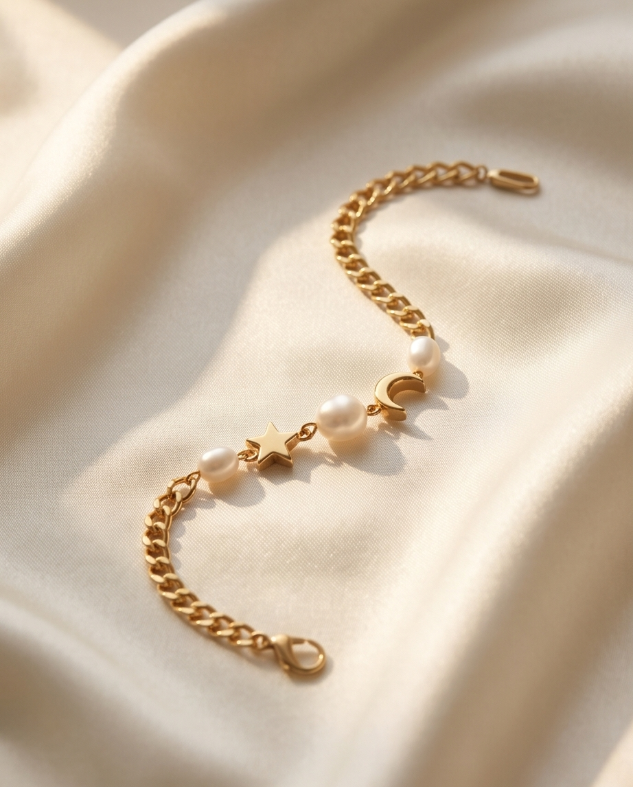Pearl Moon & Star Charm Bracelet – Gold Plated Stainless Steel