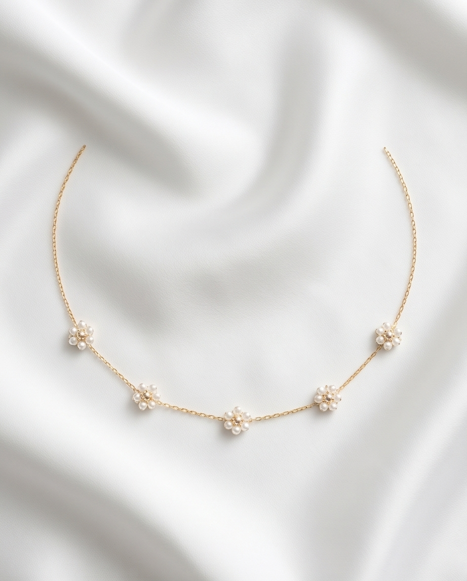 Pearl Flower Cluster Station Necklace – Gold Plated Stainless Steel