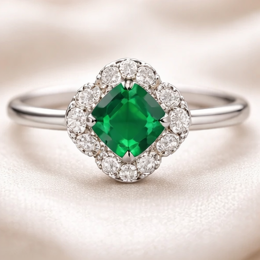 Emerald Green Halo Jewelry Set – Ring & Earrings | Silver Stainless Steel
