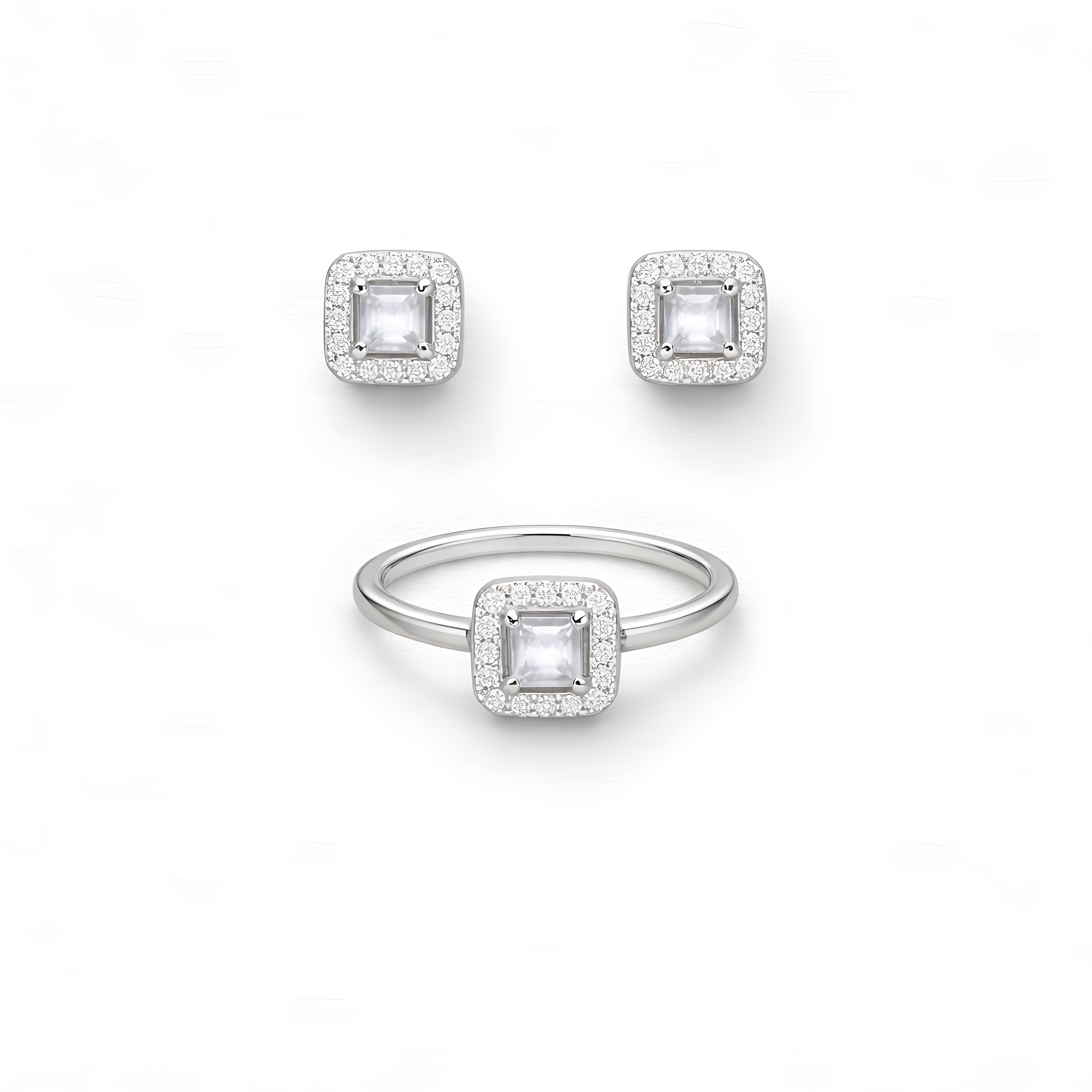 Square Halo Crystal Jewelry Set – Ring & Earrings | Silver Stainless Steel
