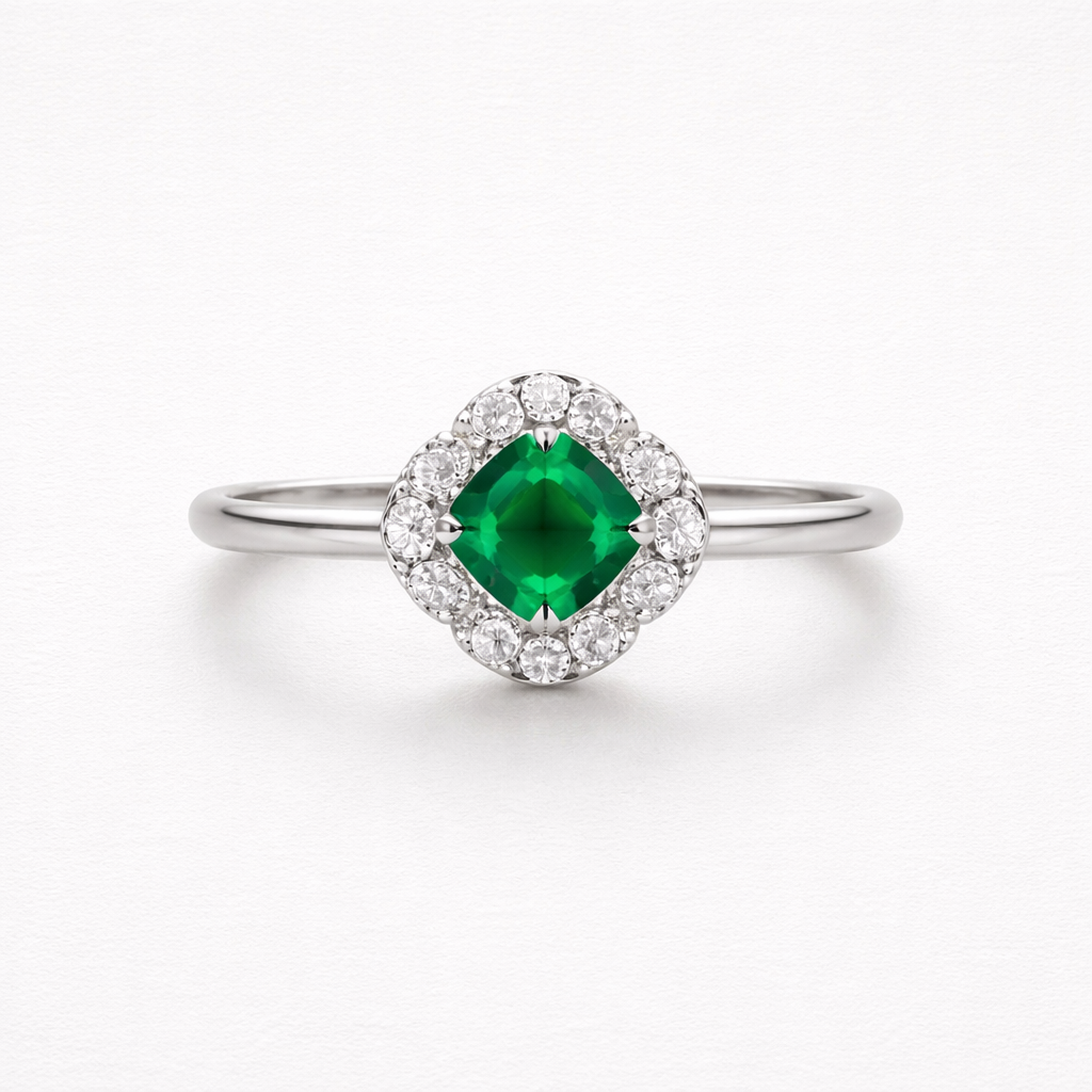 Emerald Green Halo Jewelry Set – Ring & Earrings | Silver Stainless Steel